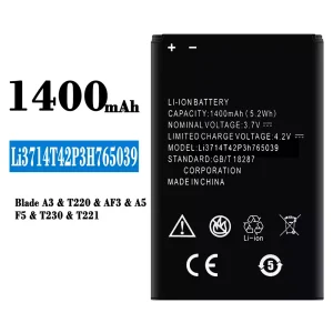 Baterija mobilnega telefona Li3714T42P3H765039 za ZTE Blade A3/T220/AF3/A5/F5/T230/T221